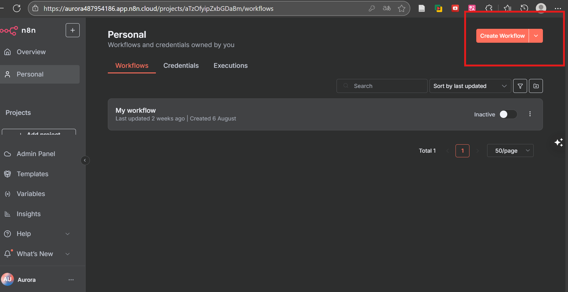n8n Cloud 工作台界面